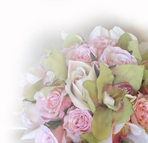 Round Bouquet of Pink Roses and Green Cymbidium Orchids