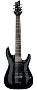 A black 6-string Schecter guitar