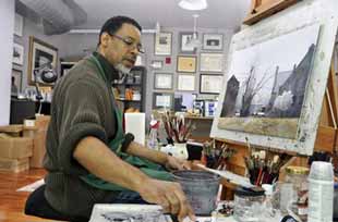 Watercolorist Dean Mitchell Painting at Easel