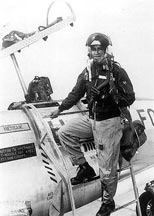 Helmeted Major Robert Lawrence Posing on Wing of F-104 US Air Force Starfighter Jet