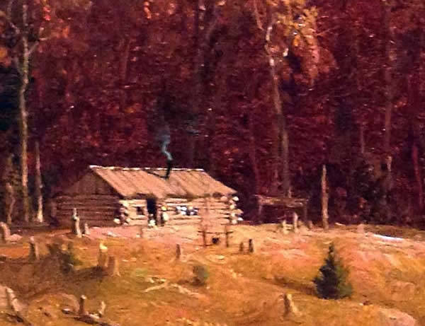 Detail of painting showing log cabin with thin wisp of smoke coming from chimney