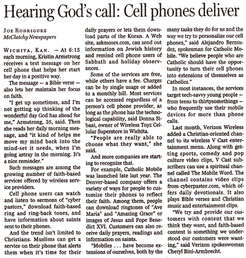 Newspaper article about religious messages sent via cellphone.