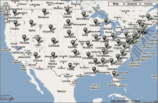 Map of U.S. showing Iraq war death toll by state