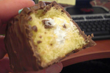 Cross-section of chocolate-covered Twinkie