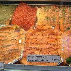 Prepared salmon on display in market