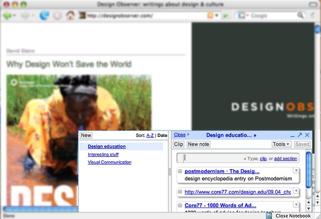 Screenshot of Google Notebook in action