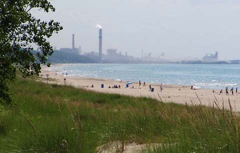 Indiana Dunes lakeshore with steel mill in background