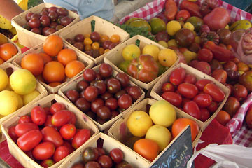 Many baskets of multi-colored tomatoes