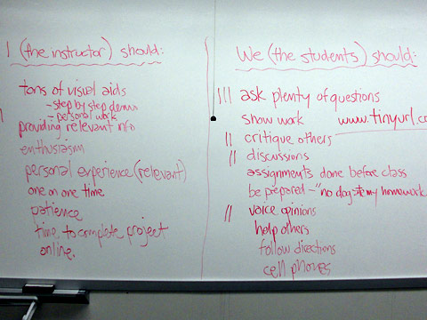 Comments written on white board about role of instructor and role of students