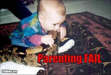 Baby on floor biting giant snake, caption reads Parenting Fail