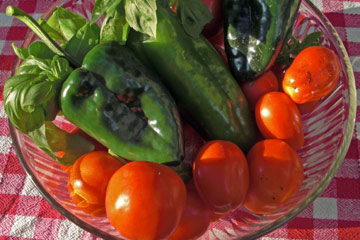 Tomatoes, peppers and basil in a bowl