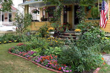 Lots of flowers in front of house