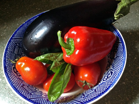 Vegetables in blue and white bowl