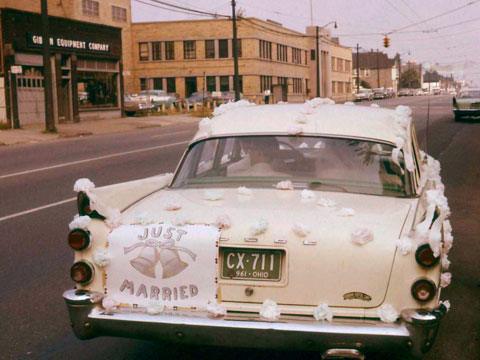 'Just Married' sign on back of Dodge