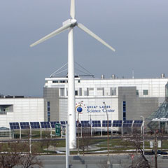 Wind turbine in front of Great Lakes Science Center