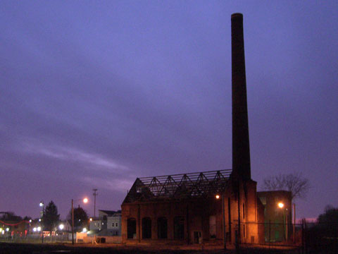 Sunset over old powerhouse at Battery Park, Cleveland