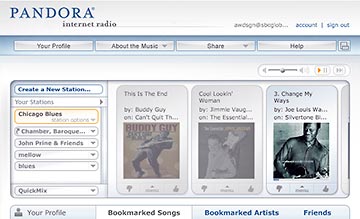 Screenshot of Pandora music interface