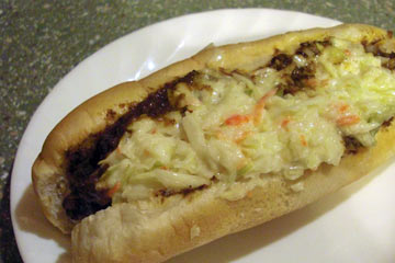 Hot dog with chili and coleslaw