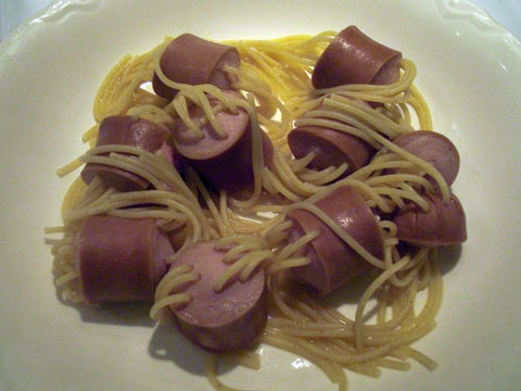 Cooked pasta and hot dogs