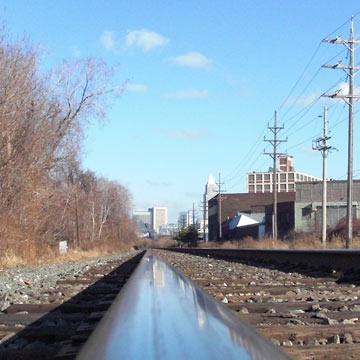 View down the railroad tracks towards downtown Cleveland