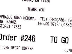 McDonald's receipt for one coffee to go