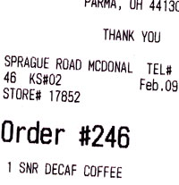 McDonald's receipt for decaf coffee