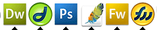 Screenshot of Adobe icons for Photoshop, Dreamweaver and Fireworks