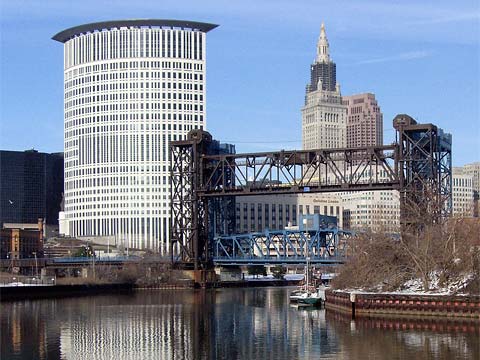 River, downtown building, bridge, blue sky