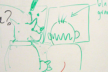 Whiteboard sketch of cow and man with green hair sprouting