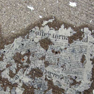Shreds of newspaper headline on wet concrete