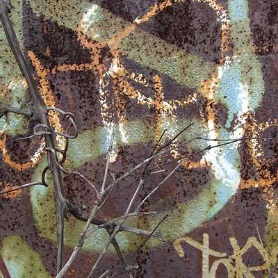 Cleveland graffiti, rusty steel, dead branch