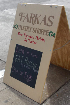 Sign outside of Farkas Pastry Shop