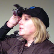 Cathy Zapata in eye-tracking hat