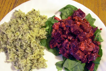 Beets and rice on plate