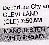 Detail of airline itinerary Cleveland to Manchester, NH