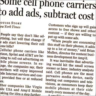 Article from New York Times about advertising on cellphones