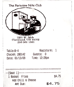 Receipt from Parkview for chili cheese fries