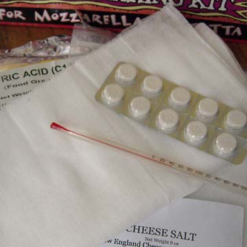 Contents of cheesemaking kit: thermometer, salt, cloth, rennet
