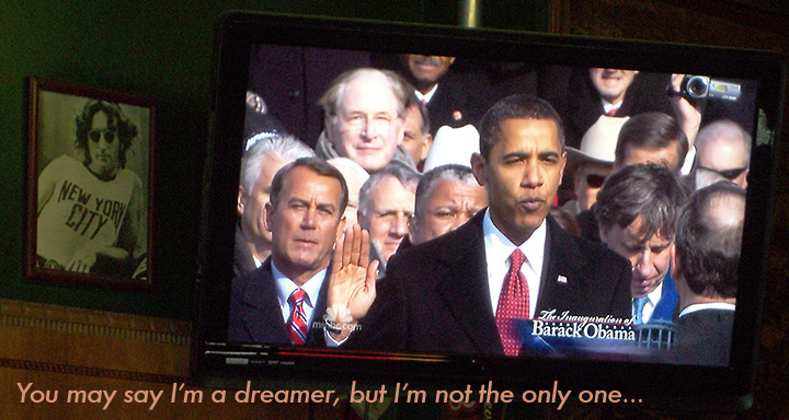 Barack Obama inauguration on TV screen