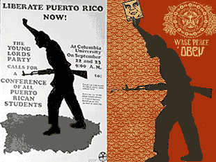Young Lords poster compared with Fairey's Wage Peace: Obey poster