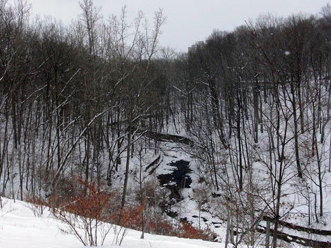 Snowy hillside with trees and creek in the distance