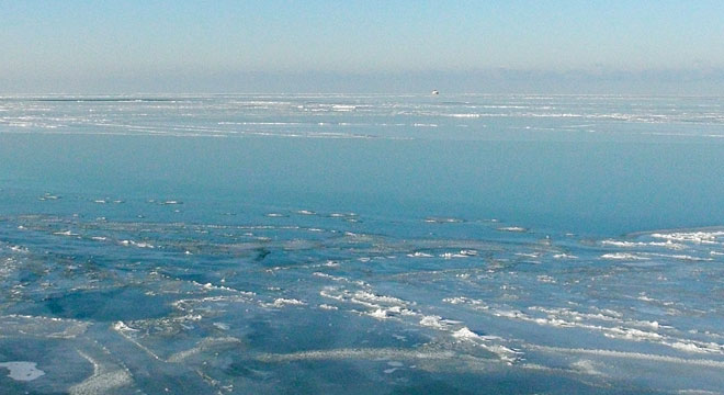 Partly frozen Lake Erie, looking north from Edgewater Park
