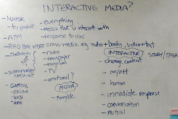 Whiteboard covered with notes about interactive media