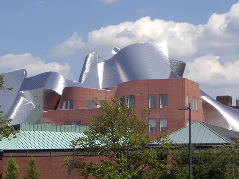 Peter B. Lewis building at CWRU, seen over the roof of the Law School