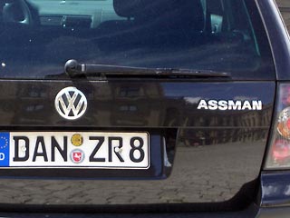 Rear view of VW car with Assman spelled out