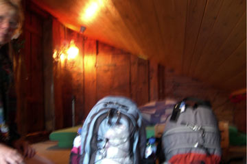 View of low-ceiling attic room at Mountain Hostel