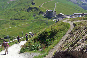 People on trail with Kleine Scheidegg in distance