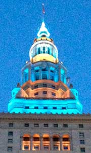 Terminal Tower lit in blue
