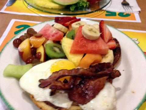 Eggs, french toast, fruit