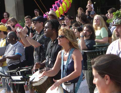 People of all ages and drummers at CSU Plaza